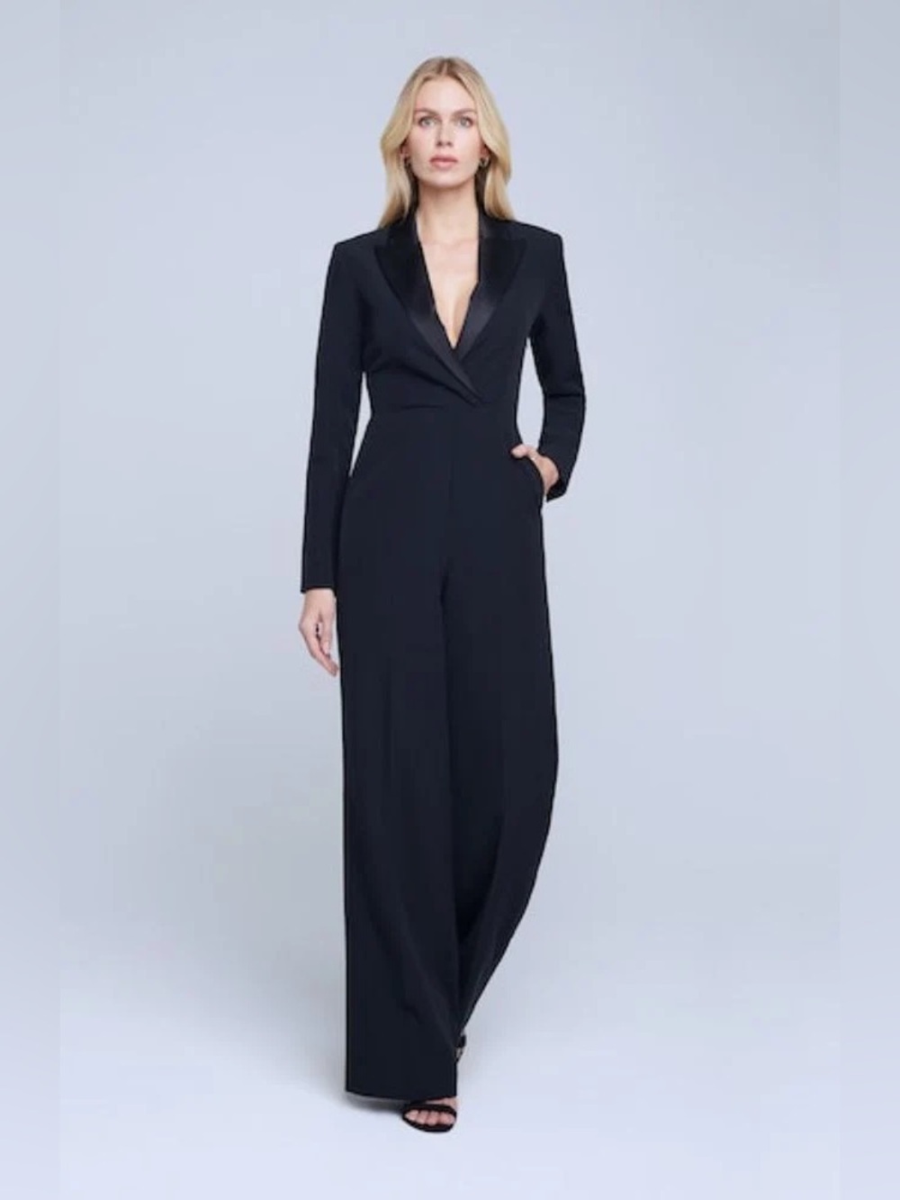 L'AGENCE Black Bora Tux Jumpsuit Satin Lapel Size 4